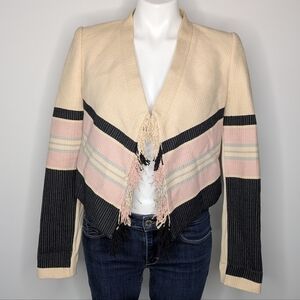 BCBGMaxAzria Cream Pink Black Woven Fringe Open Jacket S